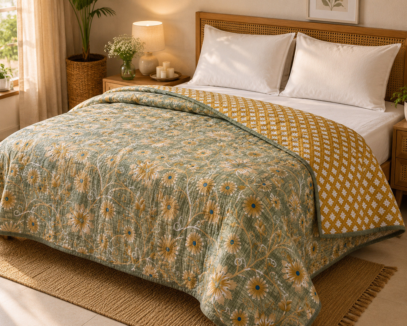 Sage green daisy quilted comforter on single bed with reversible mustard trellis pattern side visible