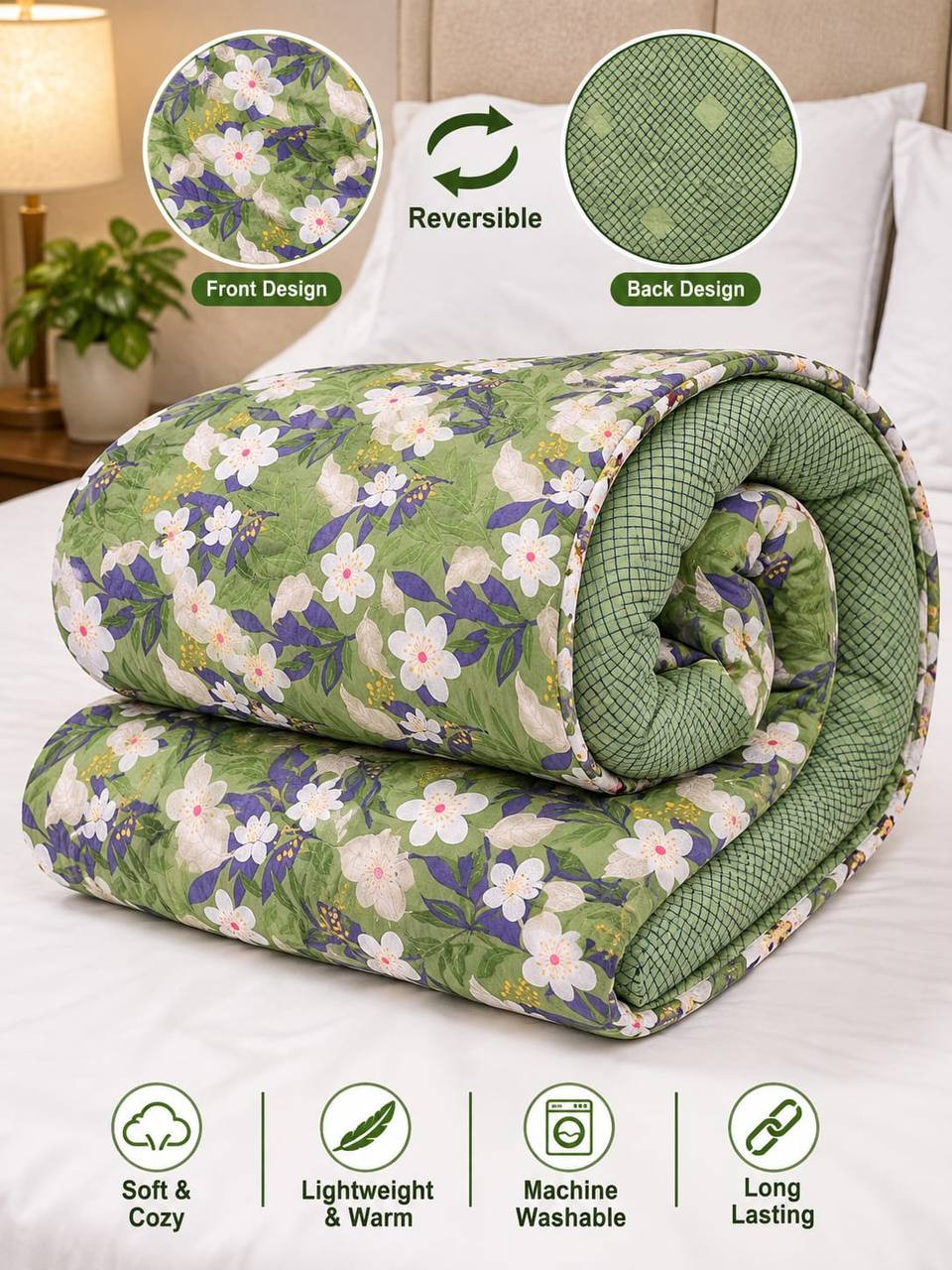Sage green floral cotton quilted comforter rolled on bed showing reversible checked back design and product features