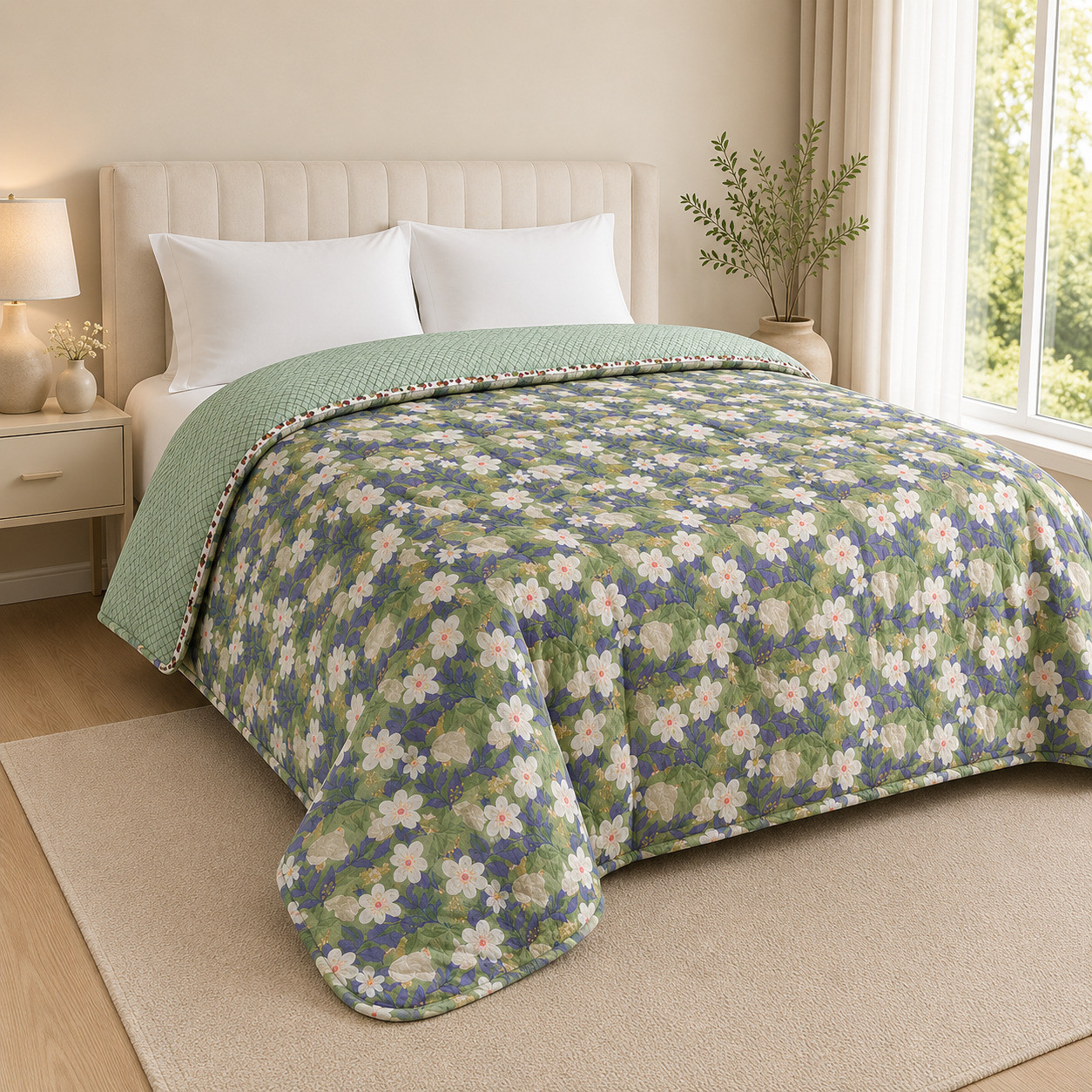 Sage green floral reversible cotton quilted comforter draped on double bed with white pillows in modern bedroom