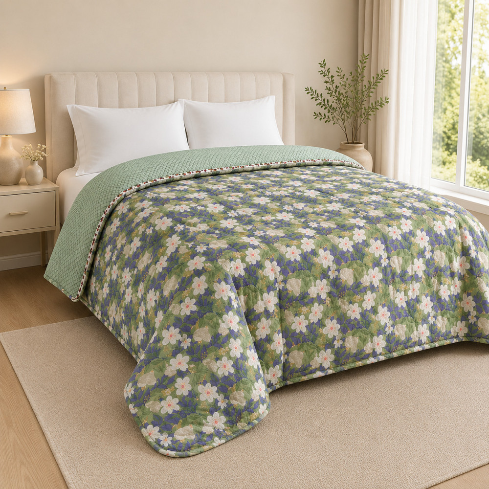 Image of Sage Green Floral Reversible Cotton Quilted Comforter – Double Bed (72x90")