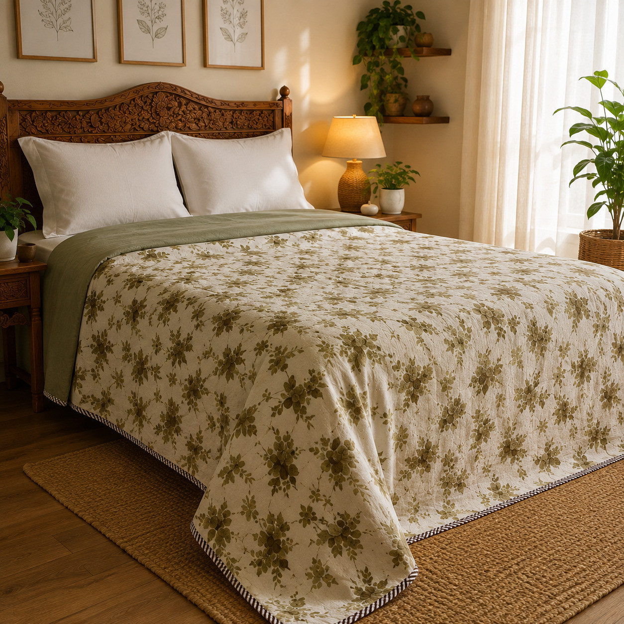 Sage green vintage rose print dohar spread on double bed angled view