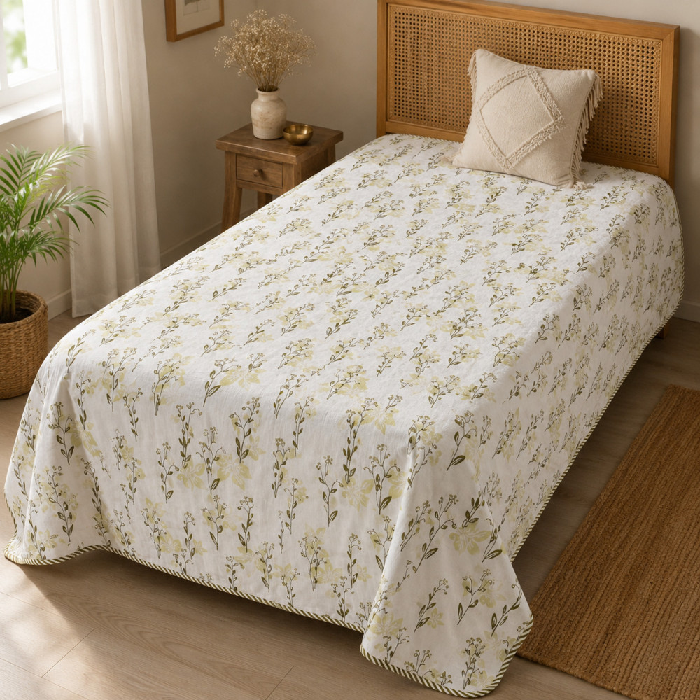 Image of Sage Wildflower Hand Block Printed Cotton Dohar | Single Bed | Set of 2