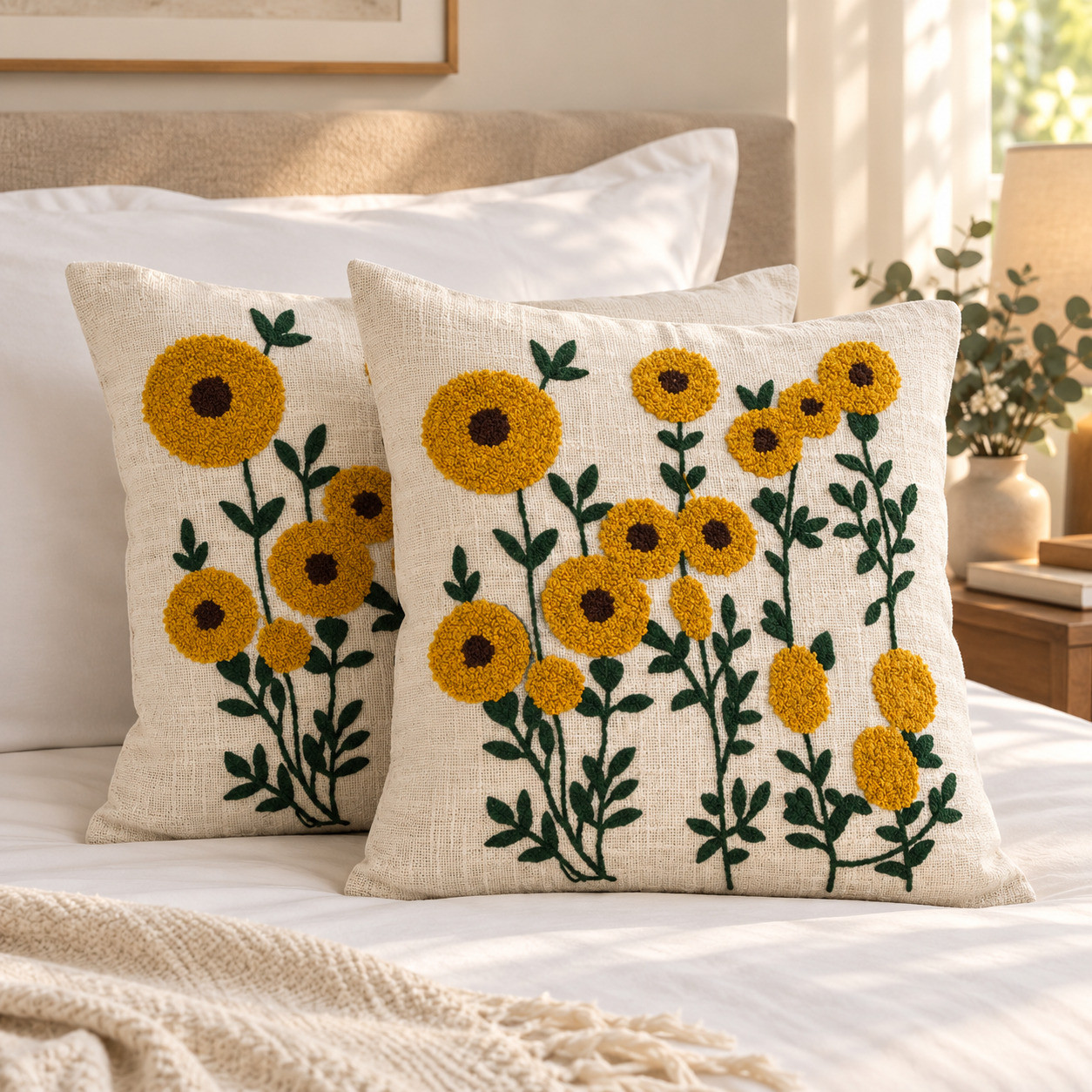 Set of 2 embroidered sunflower cushion covers with dense mustard blooms on bed