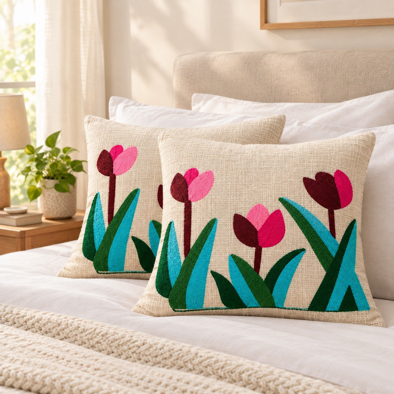 Set of 2 embroidered tulip cushion covers with pink blooms and teal leaves on bed