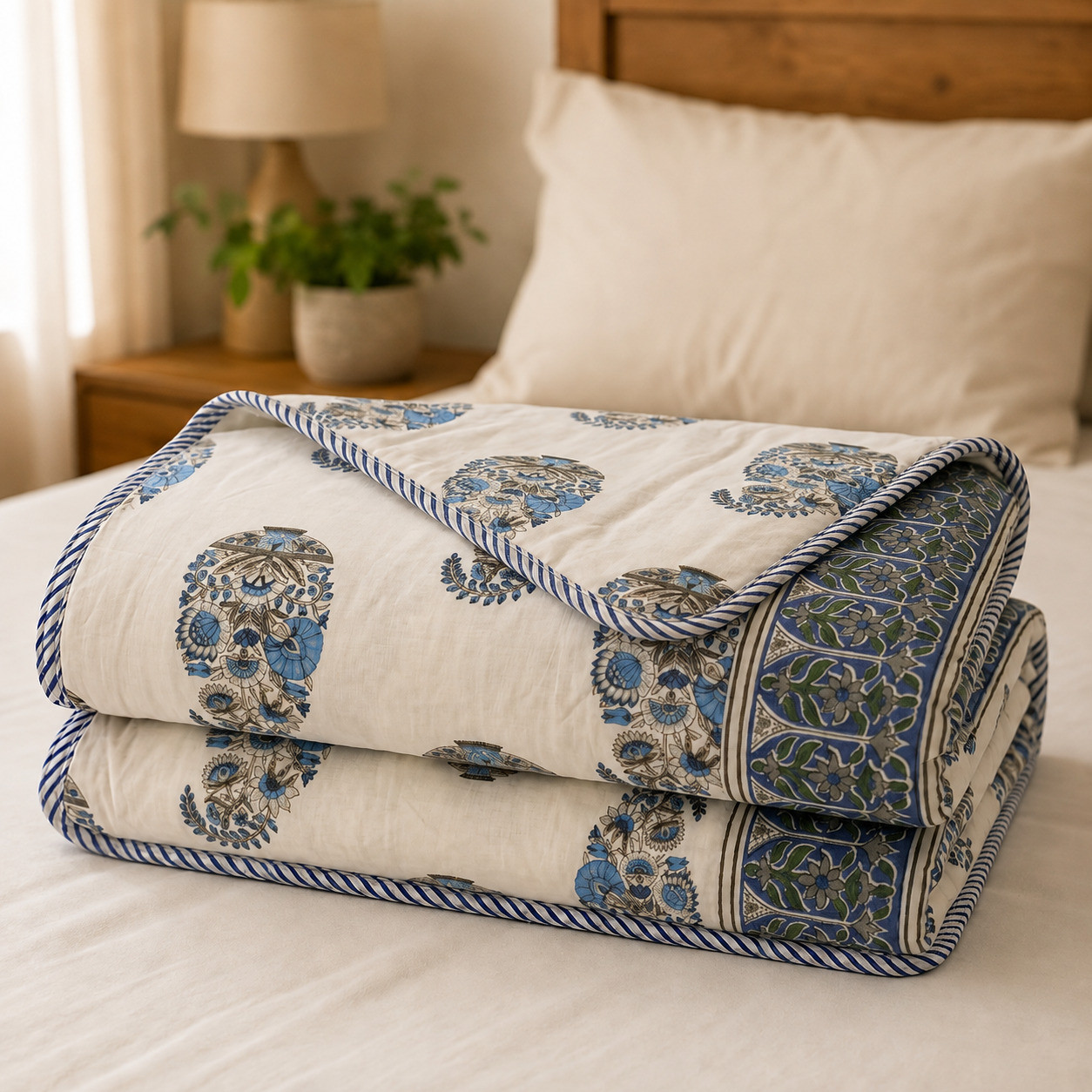 Folded cotton dohar showing blue paisley print with striped piping and floral border edge