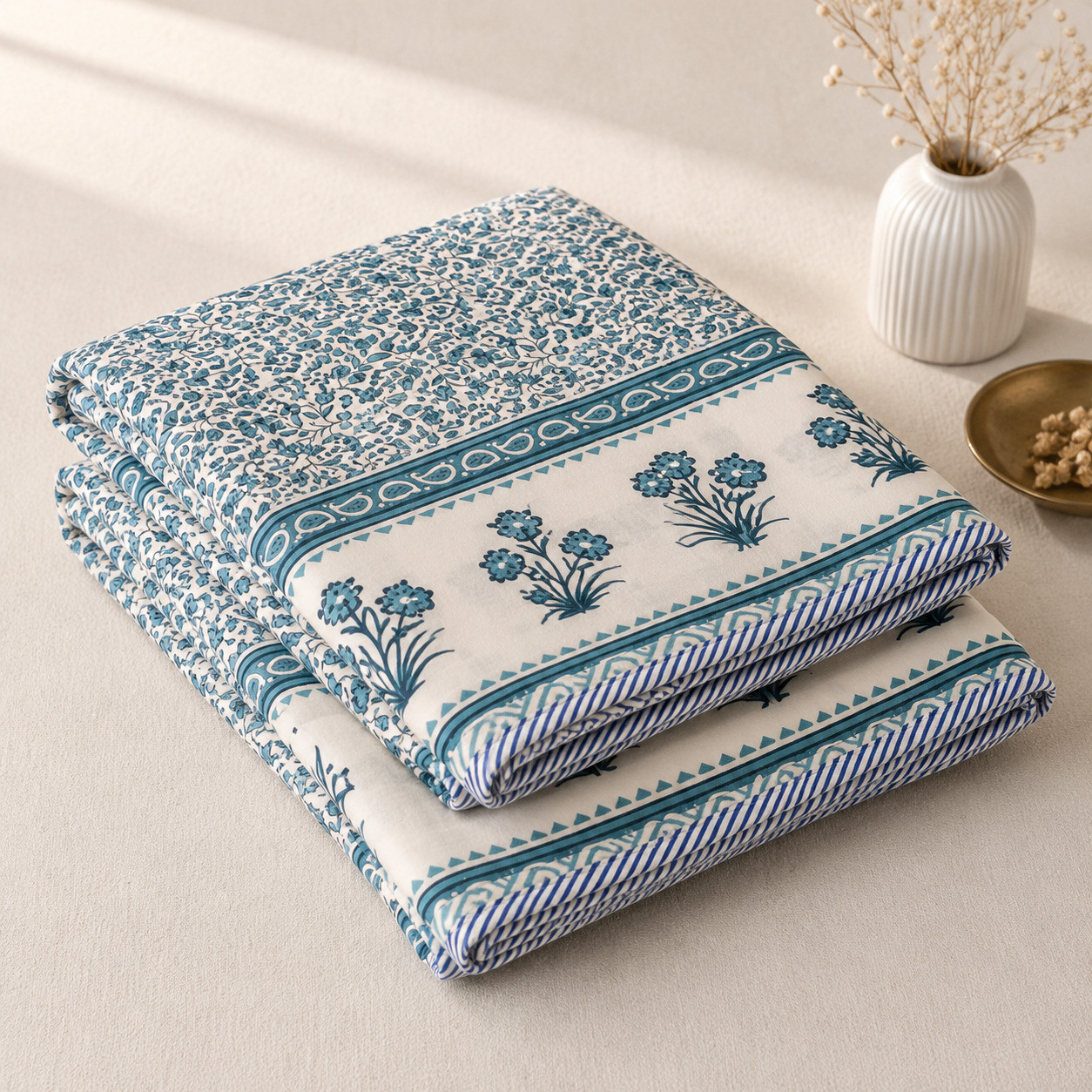 Set of 2 folded teal hand block printed cotton dohars with floral booti and striped border detail