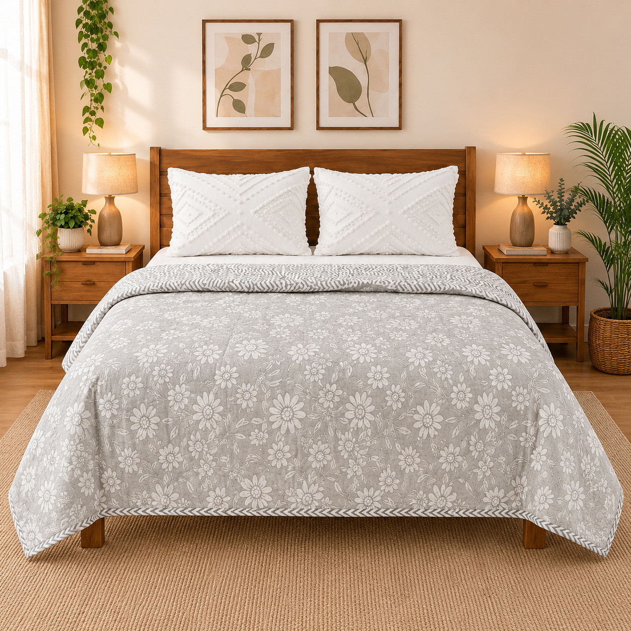 grey floral hand block printed cotton dohars styled as coverlet on wooden bed with textured white pillows