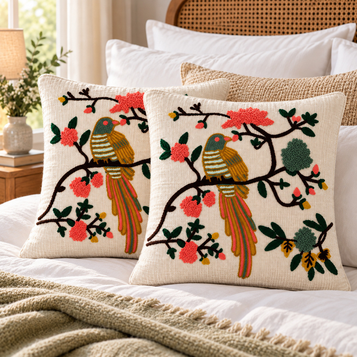 Set of 2 hand embroidered bird cushion covers with coral floral branch design on bed