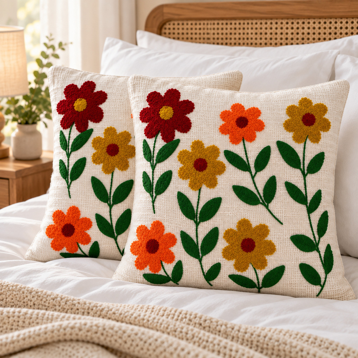 Set of 2 hand embroidered floral cushion covers in red orange and mustard on a bed with rattan headboard