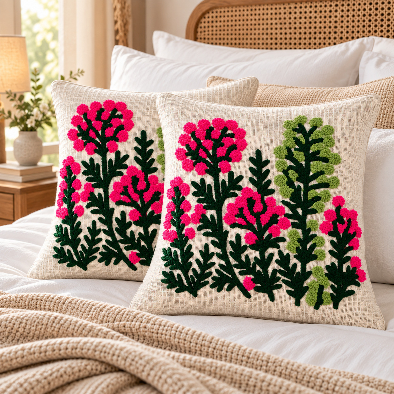 Set of 2 hand embroidered pink floral cushion covers with green fern foliage on bed with rattan headboard