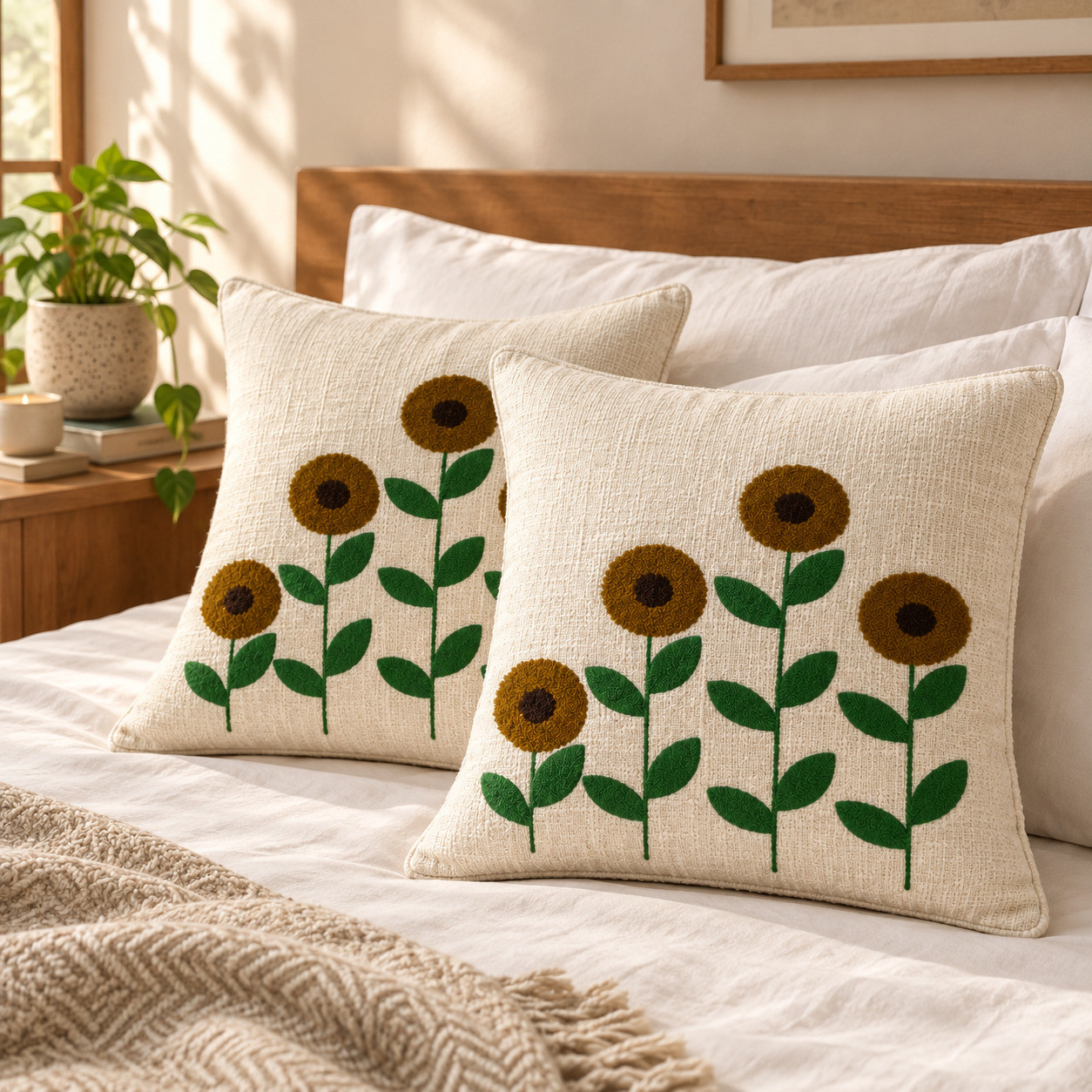 Set of 2 hand embroidered sunflower cushion covers with green leaves on bed with wooden headboard