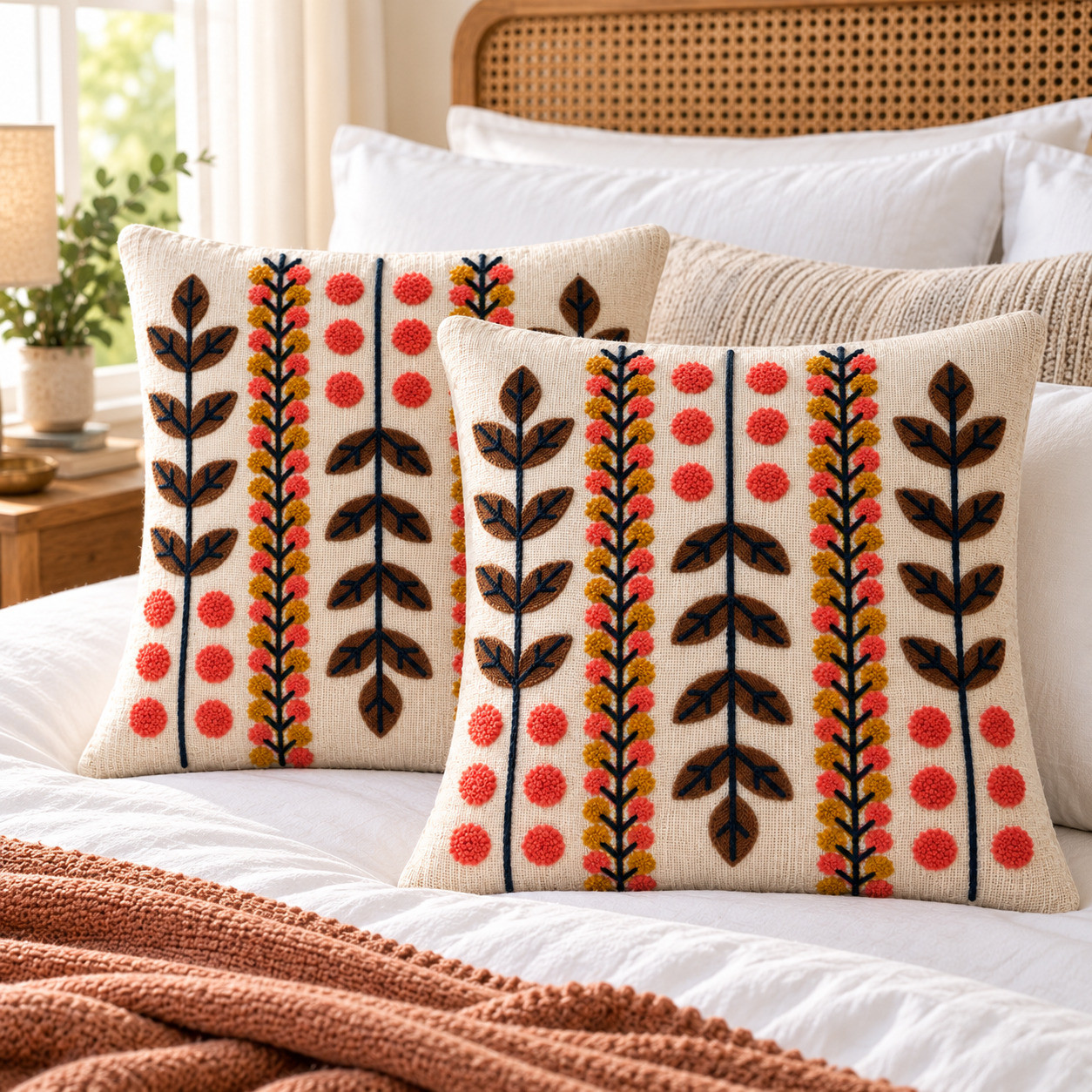 Set of 2 hand embroidered vertical leaf stripe cushion covers with coral and mustard dots on bed