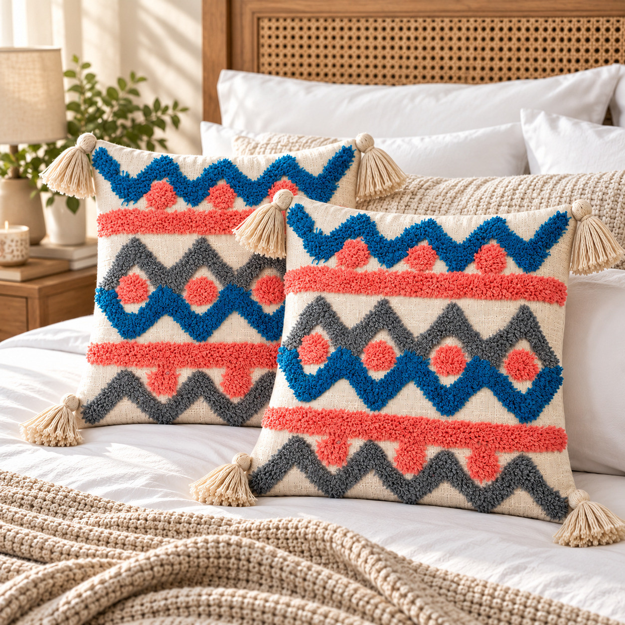 Set of 2 hand tufted chevron cushion covers with blue coral grey pattern and tassels on bed