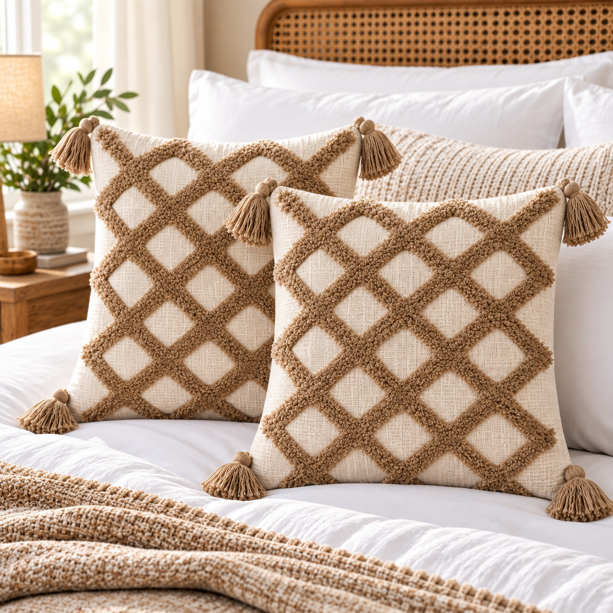 Set of 2 hand tufted diamond lattice cushion covers with tan tassels on bed with rattan headboard