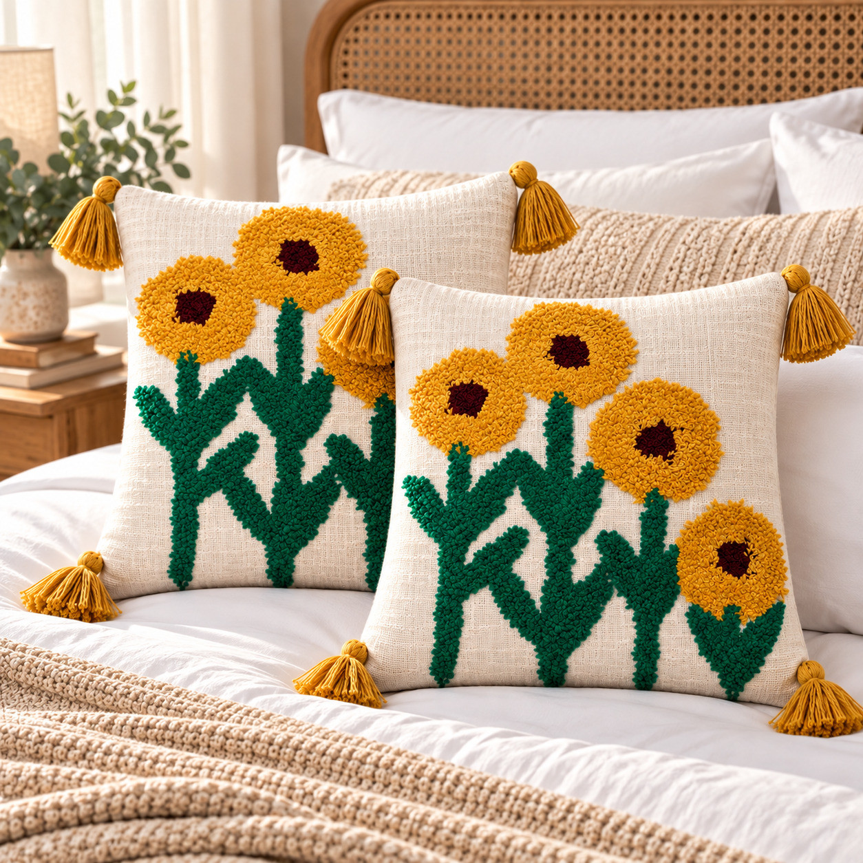 Set of 2 hand tufted sunflower cushion covers with mustard tassels on bed with rattan headboard