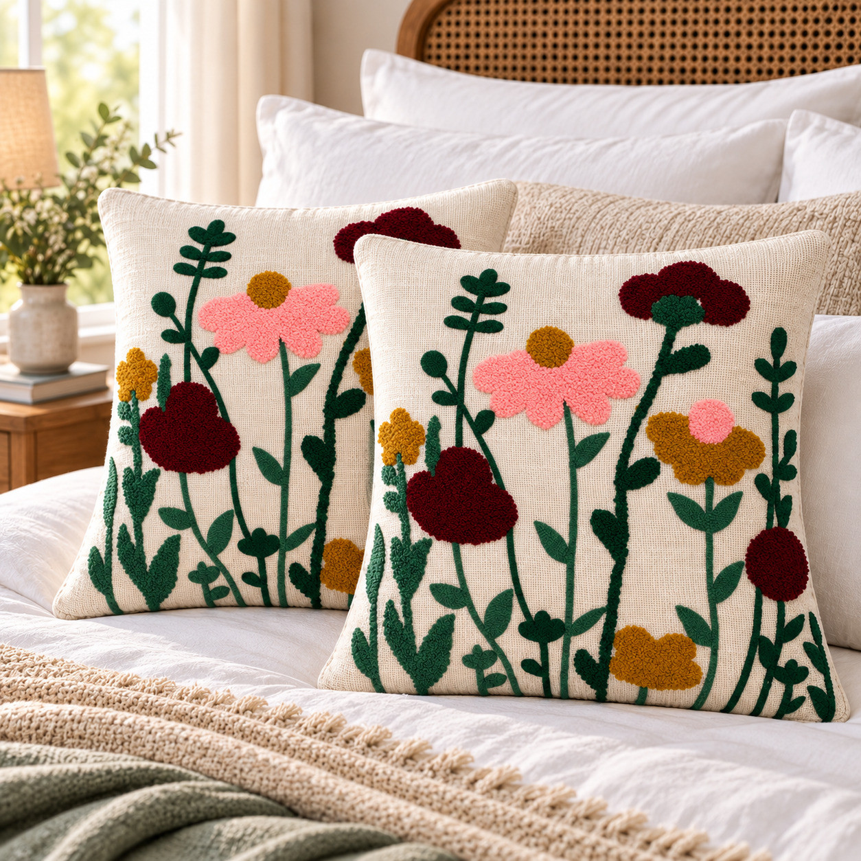 Set of 2 punch needle tufted floral cushion covers with pink maroon and mustard flowers on bed