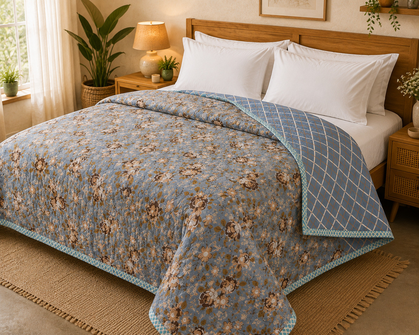 Single bed dusty blue floral quilted comforter with reversible teal trellis pattern side visible