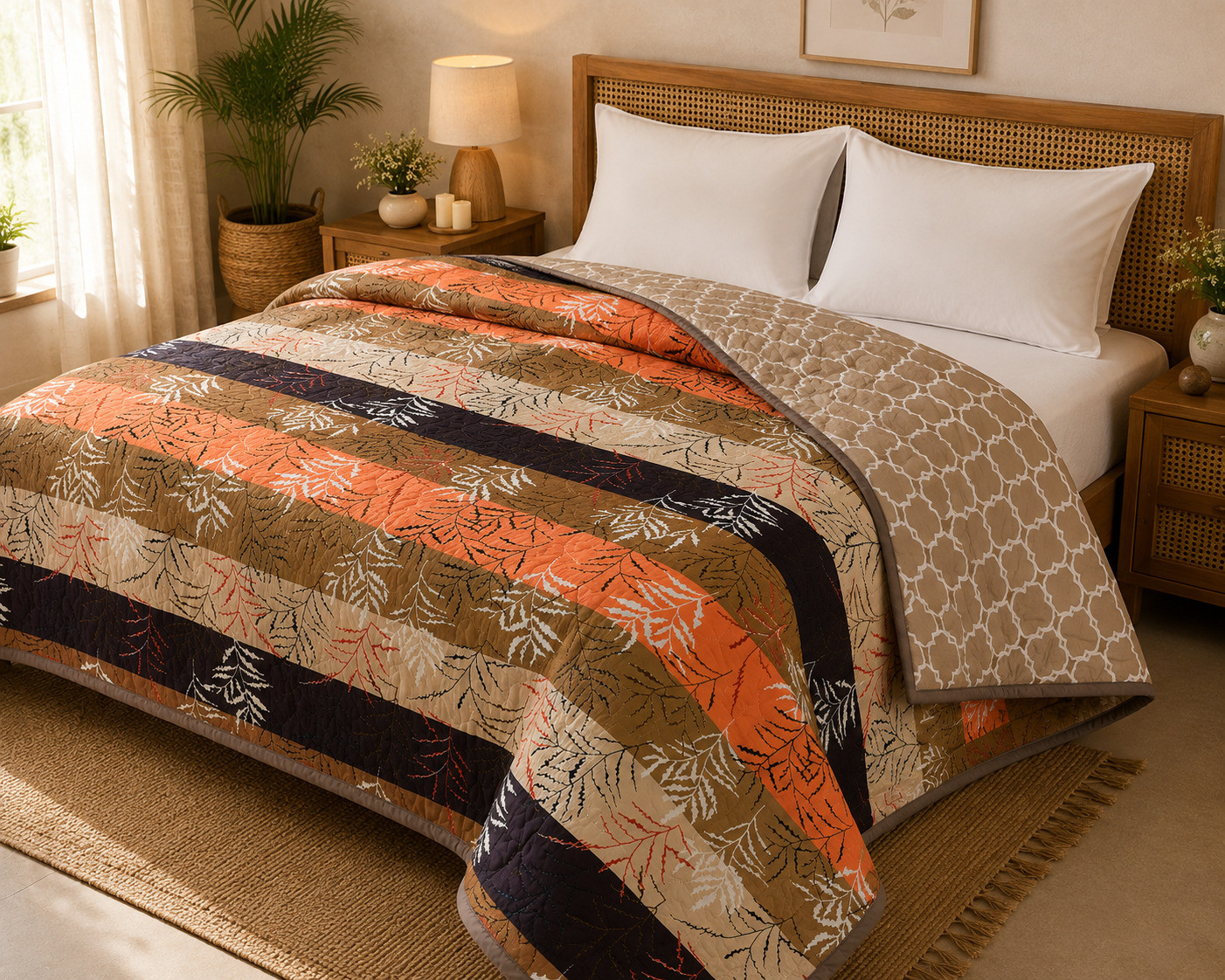 Single bed quilted comforter on bed with reversible quatrefoil pattern side and fern leaf striped print side visible