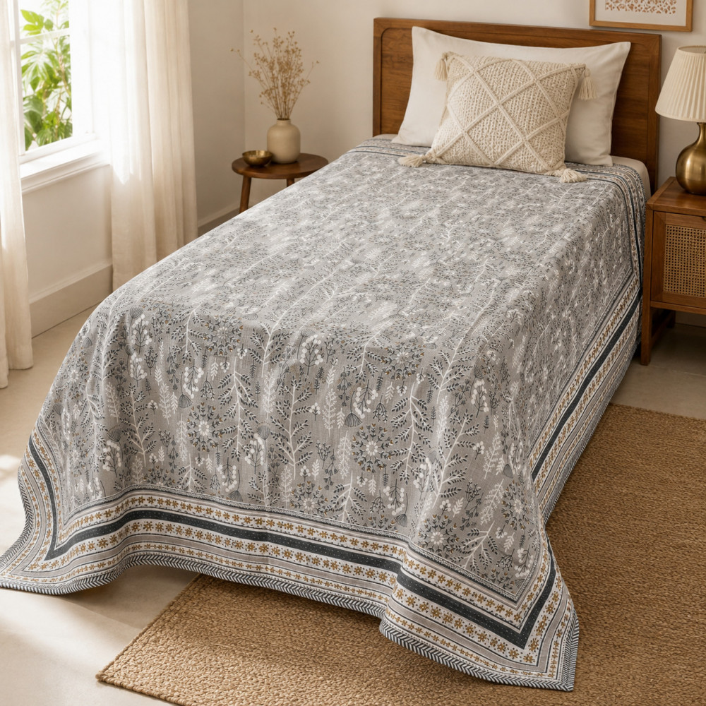 Image of Slate Botanical Hand Block Printed Cotton Dohar | Single Bed | Set of 2