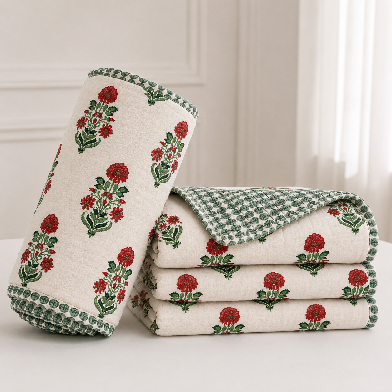 Stack of hand block printed reversible cotton dohars in red floral print