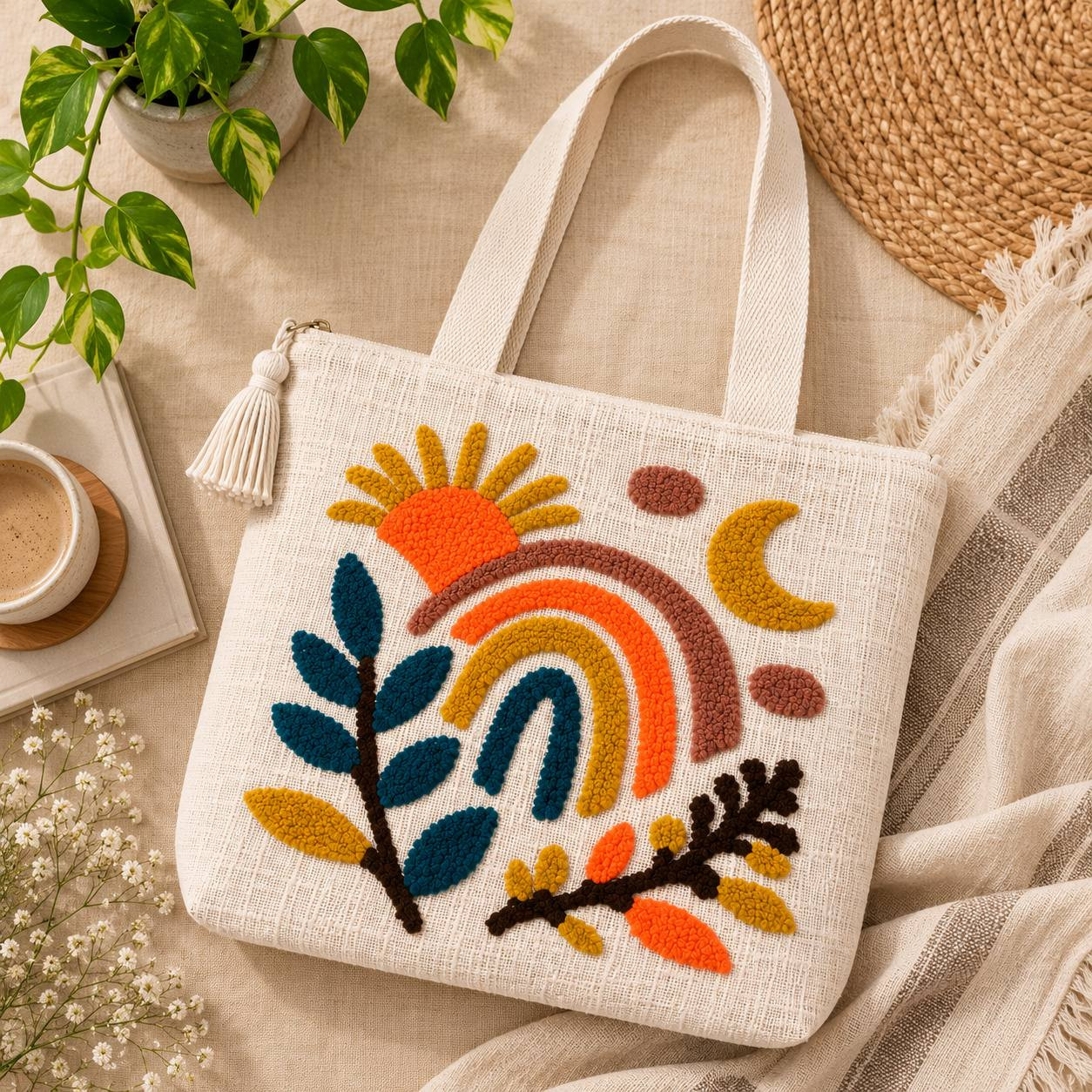 Sun moon rainbow embroidered canvas tote bag flat lay with plant and coffee cup