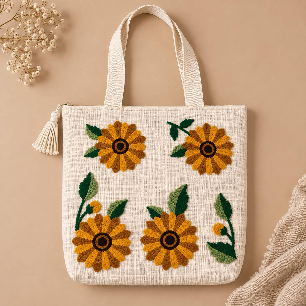 Sunflower embroidered canvas tote bag laid flat against beige background with dried flowers
