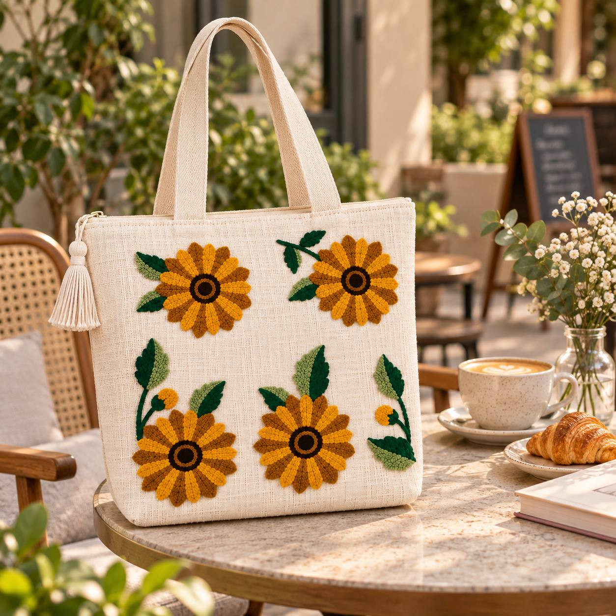 Sunflower embroidered canvas tote bag placed on outdoor caf table with coffee and flowers