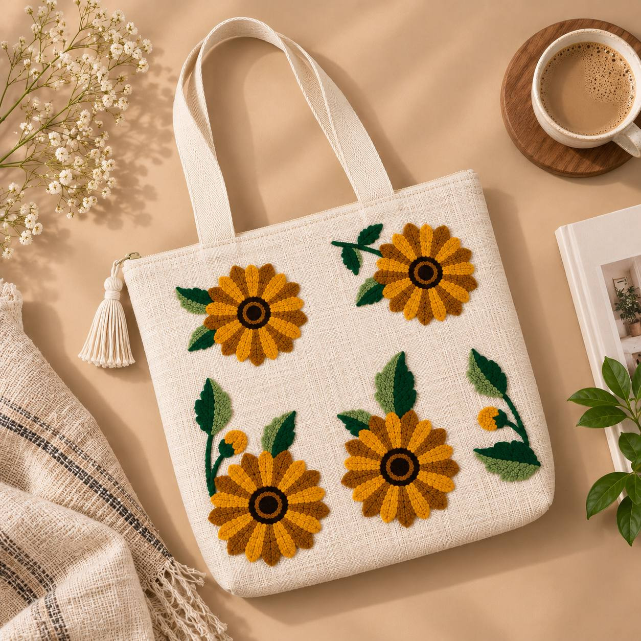 Sunflower embroidered tote bag flat lay beside coffee cup and dried flowers