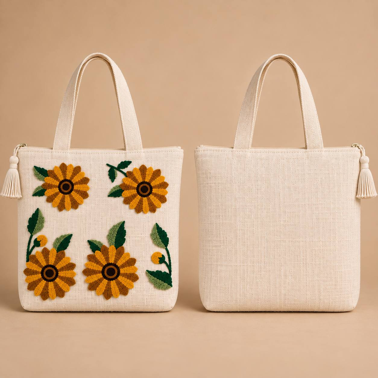 Sunflower embroidered tote bag front view with floral design and plain back view side by side