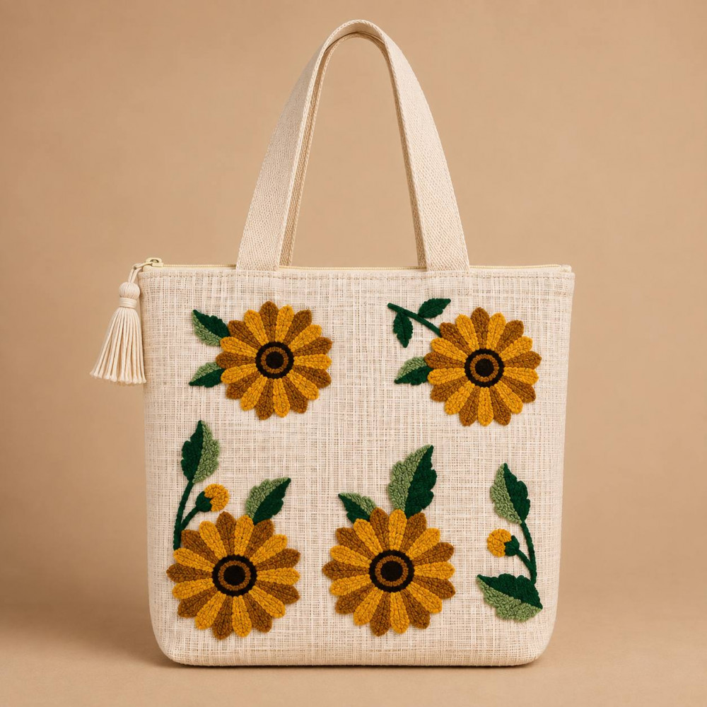 Image of Sunflower Garden Punch-Needle Embroidered Tote Bag – Floral Canvas Shoulder Bag