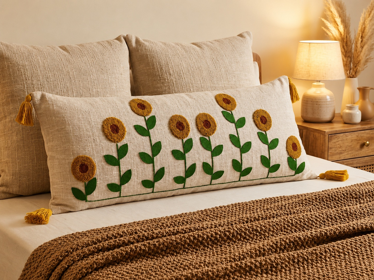 Ivory boho lumbar cushion with embroidered sunflowers on bed with knit brown throw blanket