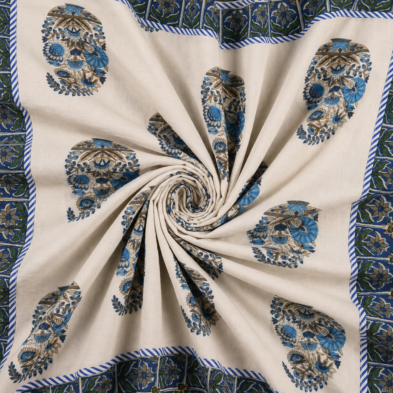 Swirled close-up of hand block printed cotton dohar showing blue paisley motif pattern