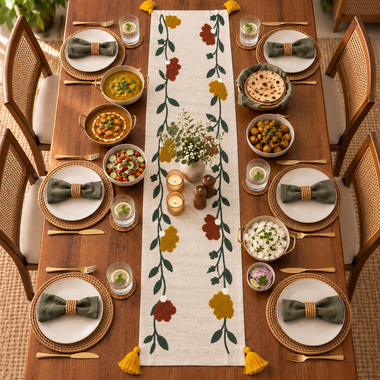 Symmetrical Boho Table Feast with Floral Runner