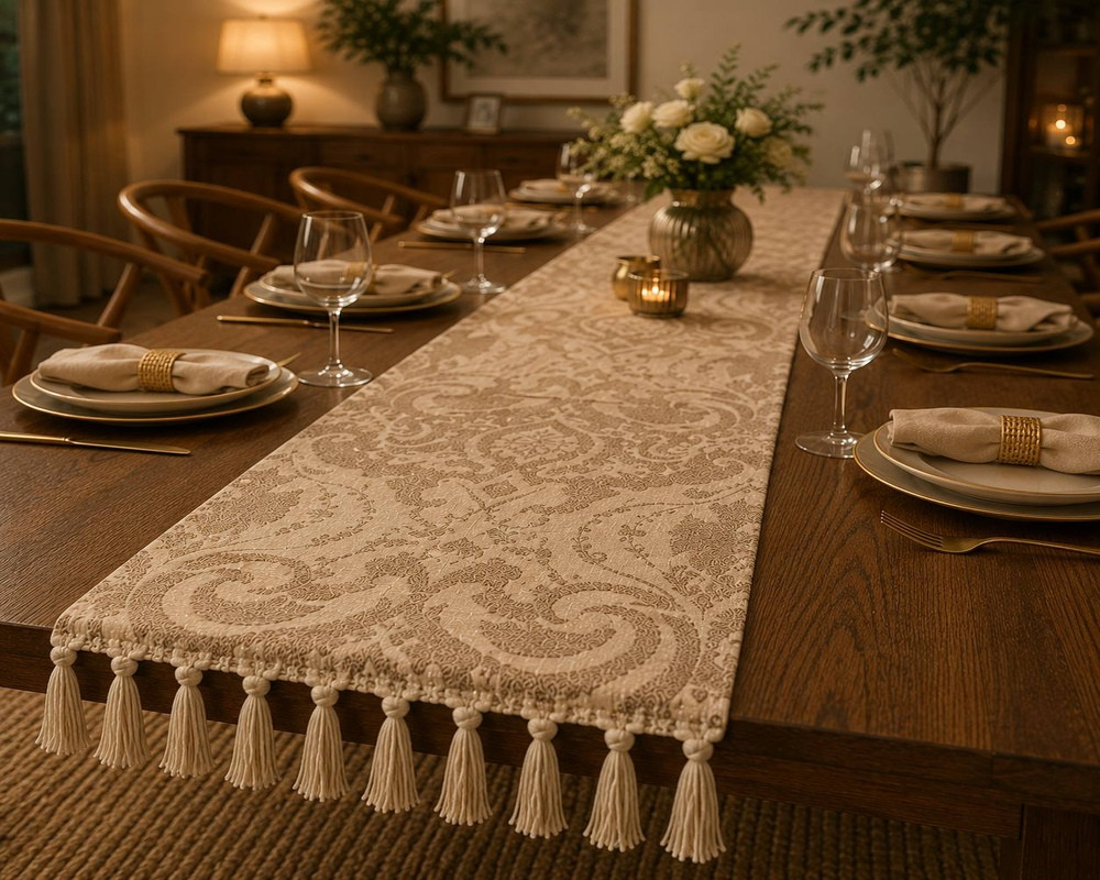 Ivory and beige printed damask table runner styled on wooden dining table with formal place settings