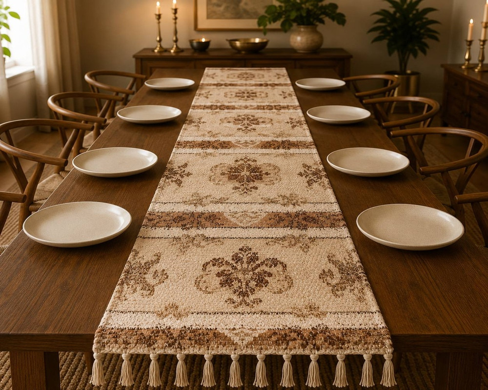Image of Printed Floral Medallion Table Runner – Beige &amp; Brown