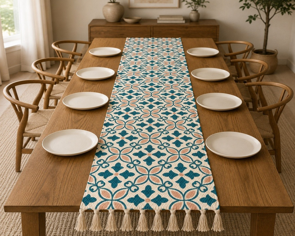 Image of Printed Moroccan Tile Table Runner – Teal &amp; Blush