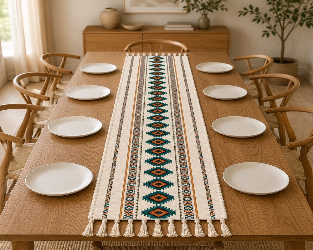Overhead view of teal rust Aztec diamond table runner on dining table with white plates