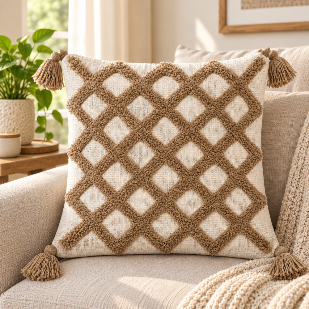 Image of Tufted Diamond Lattice Cushion Cover | Boho Tassel Trim 16x16