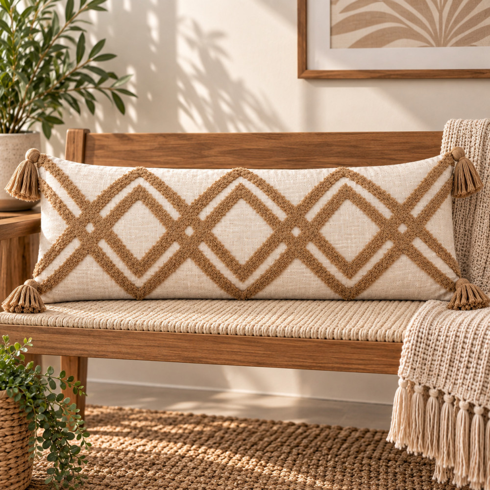 Image of Tufted Diamond Lumbar Cushion Cover | Boho Tassel Trim 14x36