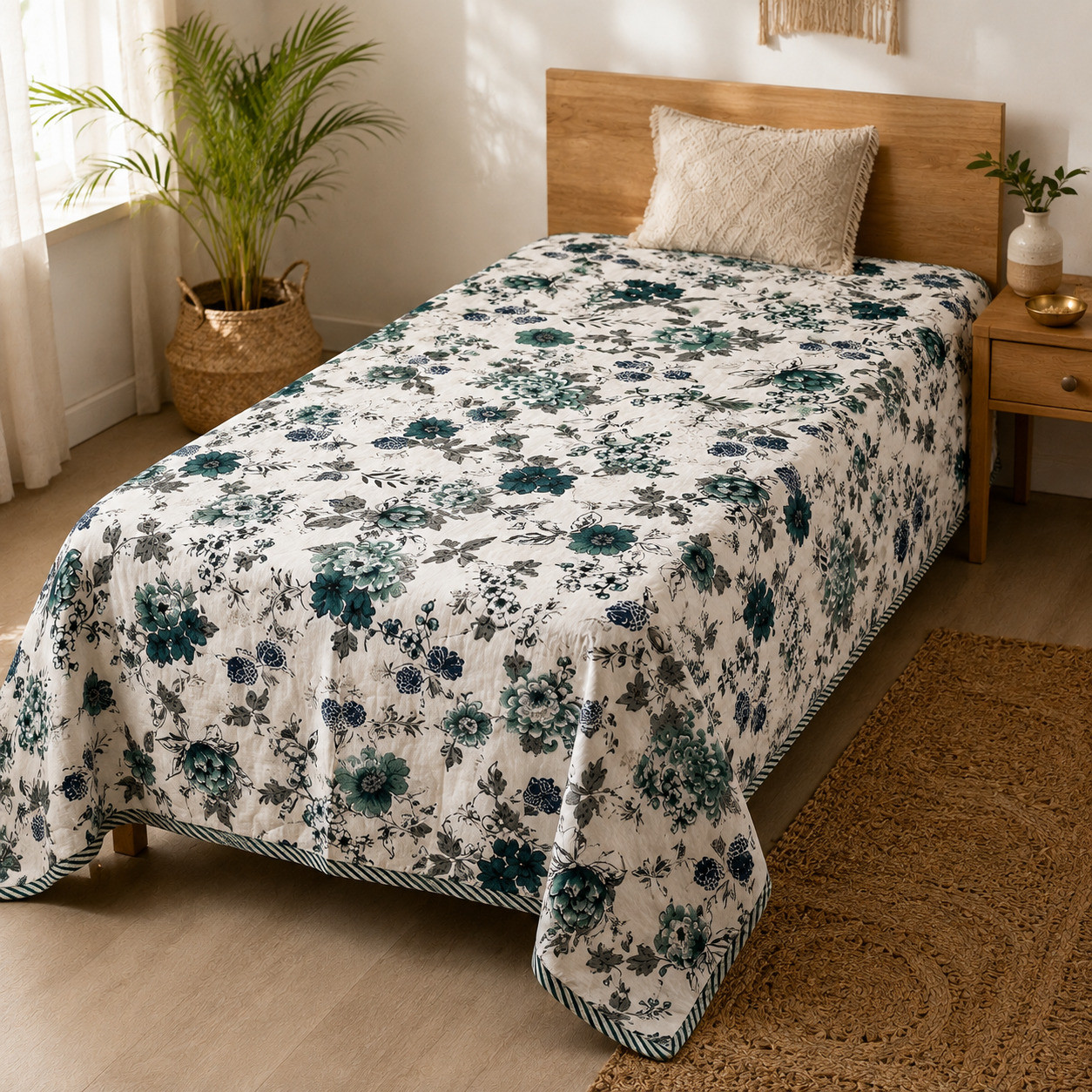 Teal botanical cotton dohar draped on single bed with striped piped border in cozy bedroom setting