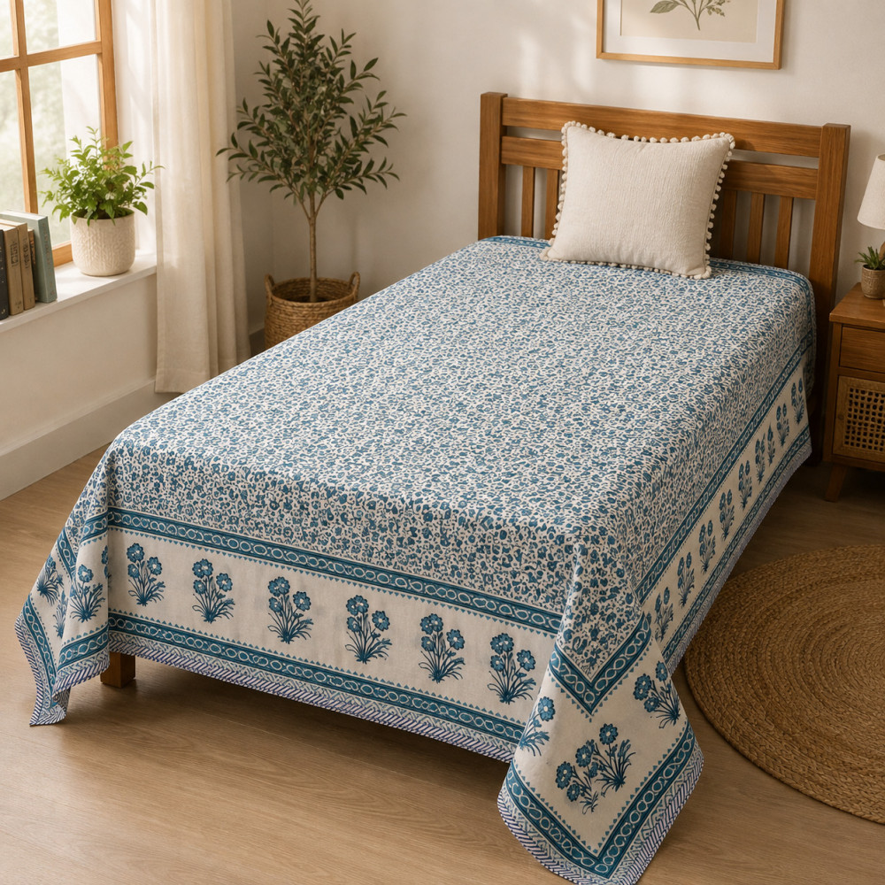 Image of Teal Floral Vine Hand Block Printed Cotton Dohar | Single Bed | Set of 2