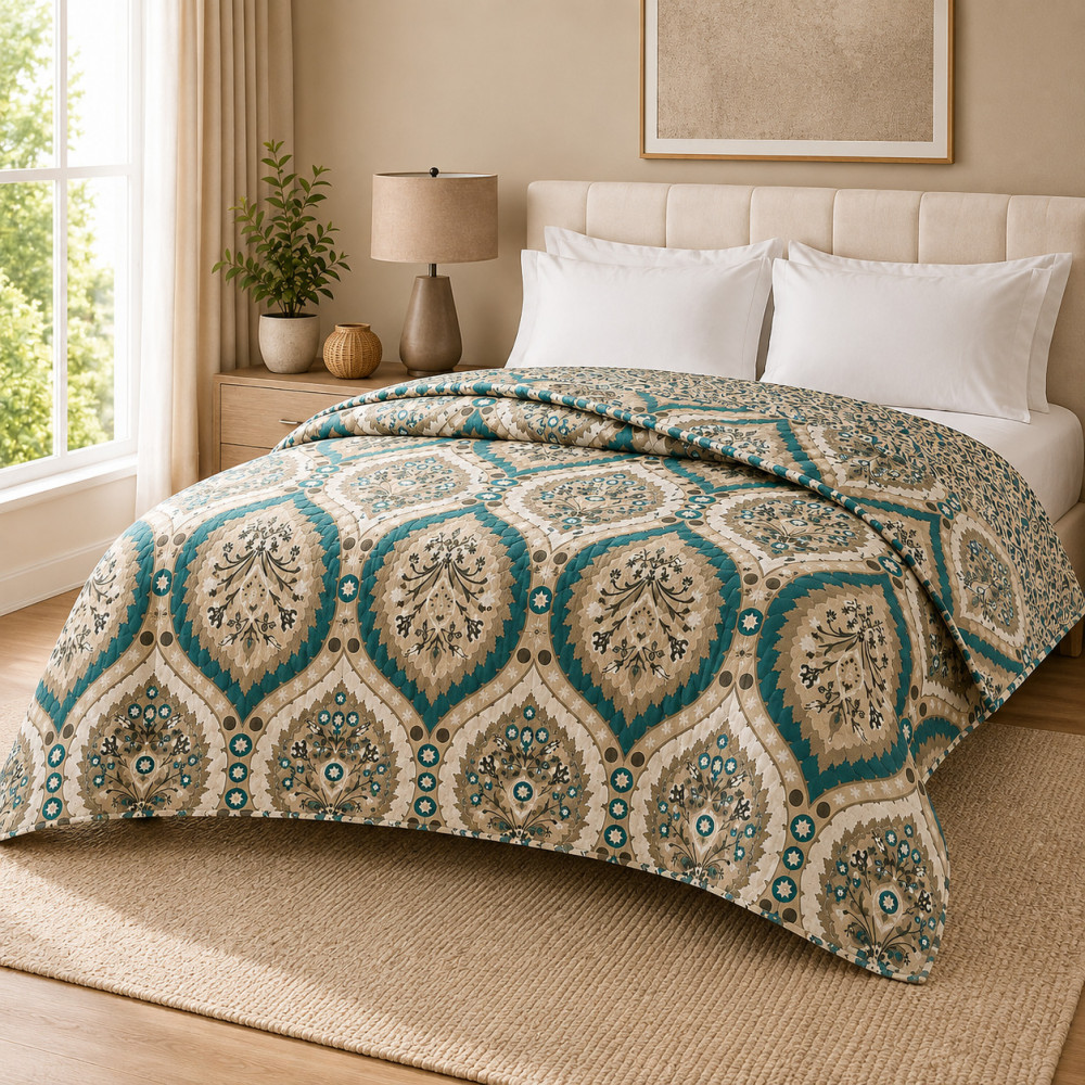 Image of Teal Medallion Ikat Print Cotton Quilted Comforter – Double Bed (72x90")
