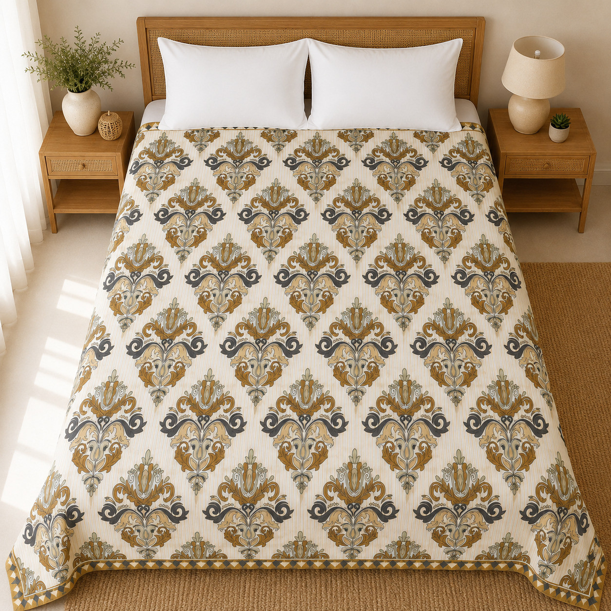 Top view of golden damask quilted comforter fully spread on single bed 50x90 inches with diamond-striped border