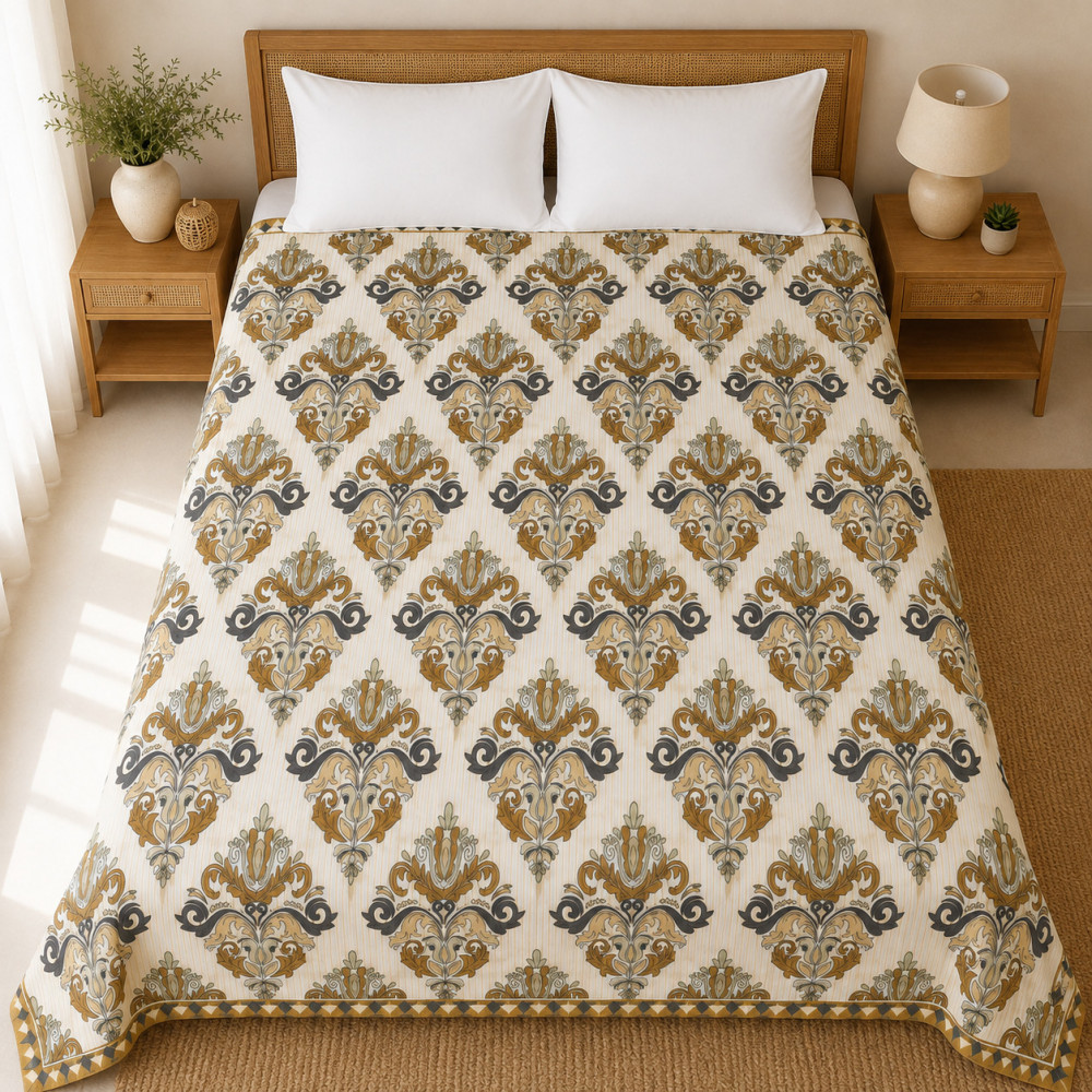 Image of Golden Damask Print Quilted Cotton Comforter – Single Bed, (50x90)