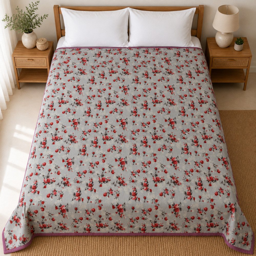 Image of Grey Rose Floral Print Quilted Cotton Comforter – Single Bed, (50x90)