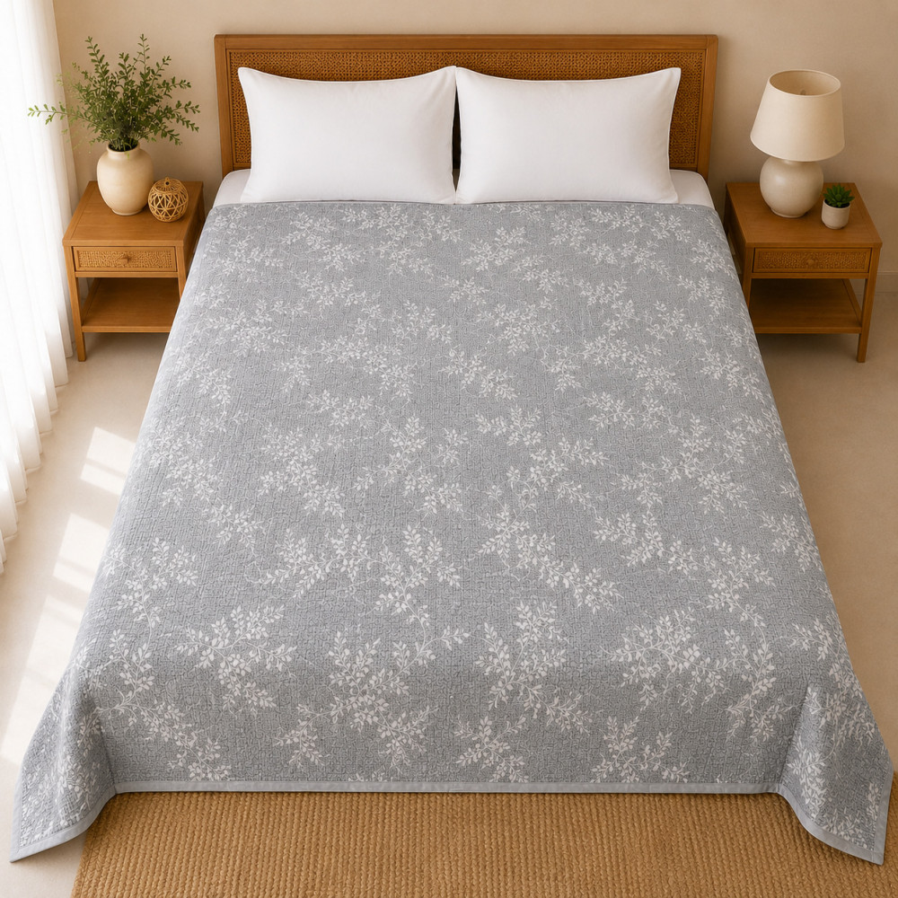 Image of Grey Vine Leaf Print Quilted Cotton Comforter – Single Bed, (50x90)