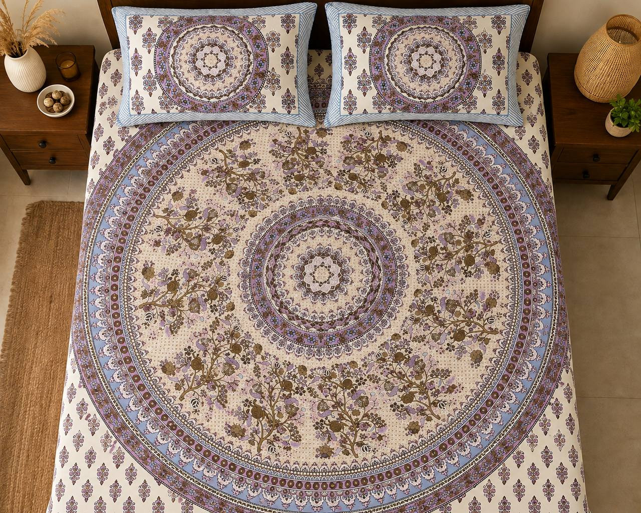 Top view of king size hand block printed mandala bedsheet with 2 pillow covers