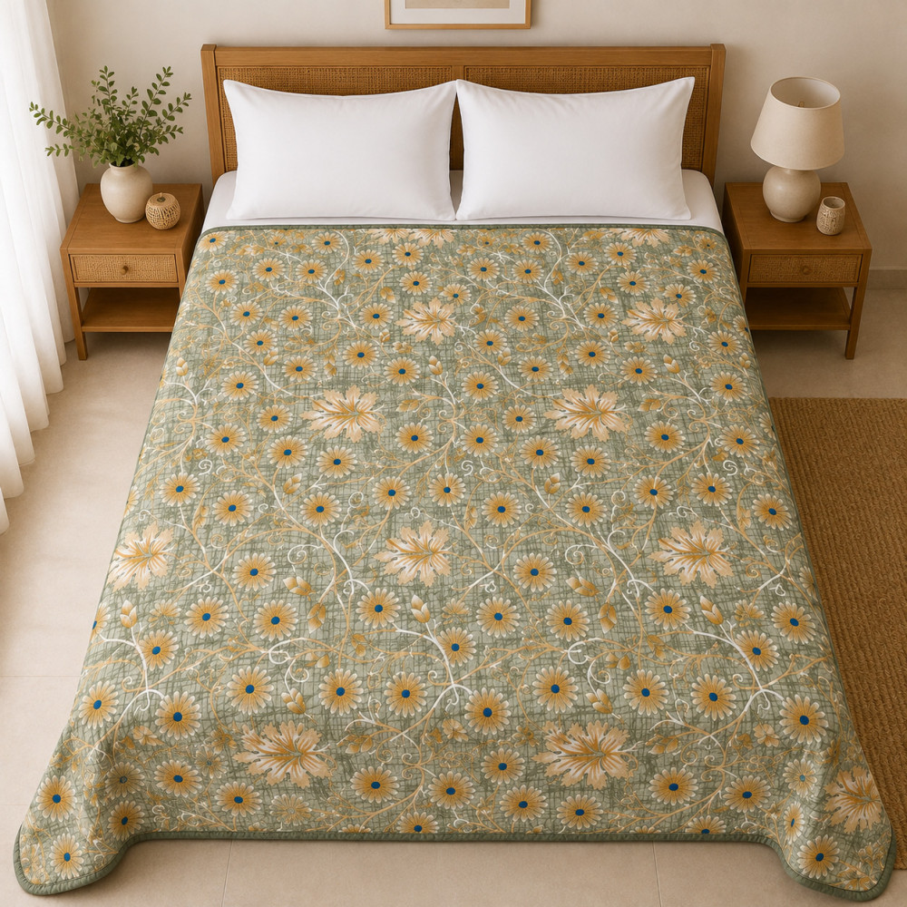 Image of Sage Green Daisy Print Quilted Cotton Comforter – Single Bed, (50x90)