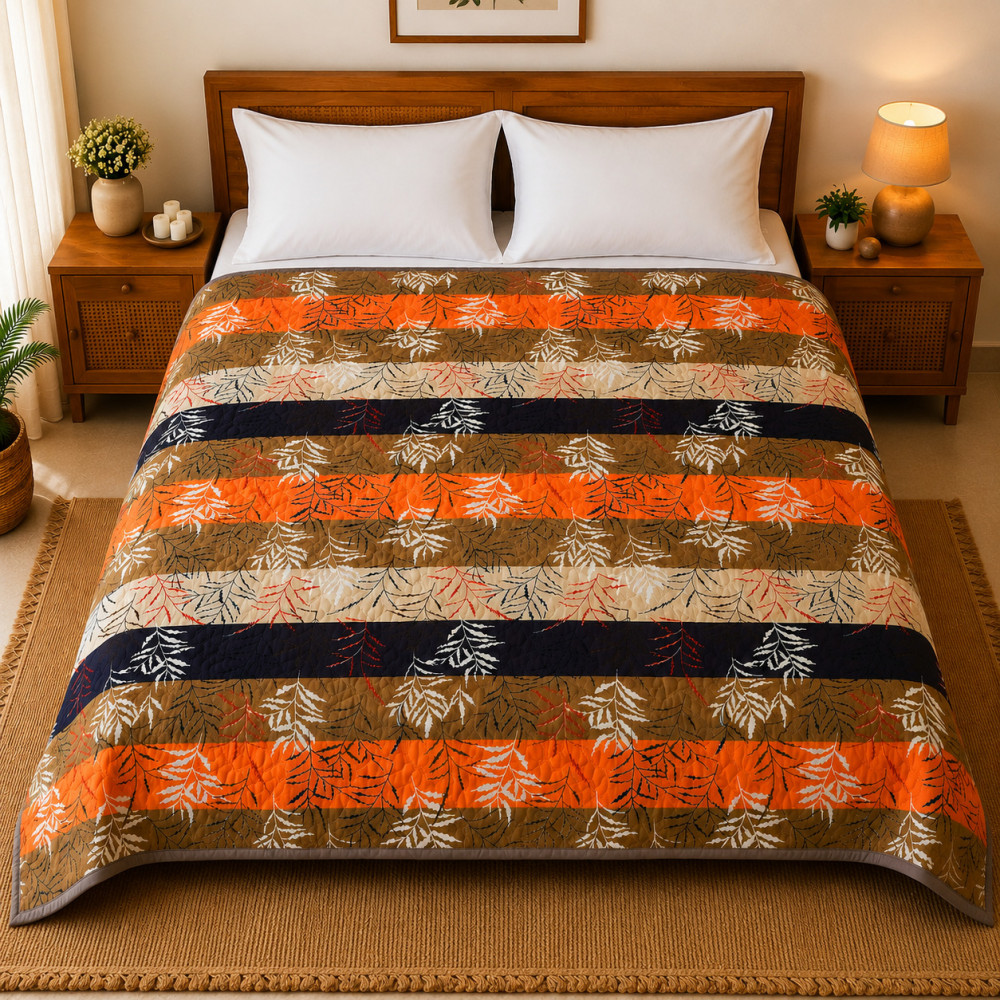 Image of Botanical Leaf Print Striped Quilted Cotton Comforter – Single Bed, (50x90)