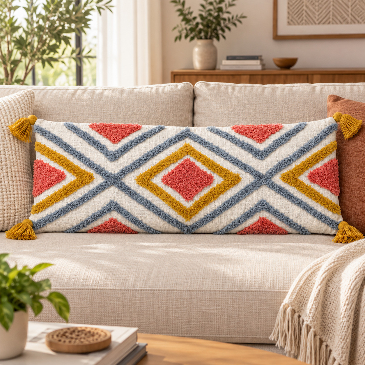 Tribal tufted diamond lumbar cushion cover with tassels